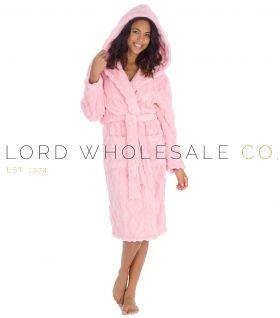 “Wholesale ladies pink sherpa fleece hooded gown – cosy and warm women’s loungewear in bulk assorted sizes by huggable hoodie”