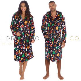 Wholesale Adults Unisex Navy Christmas Print Hooded Gowns by Huggable Hoodie 6 Pieces