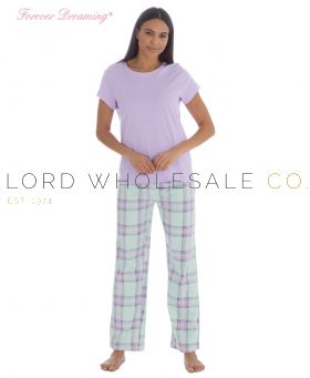Ladies 100% Cotton Lilac Check Short Sleeve Pyjama Set by Forever Dreaming 6 Pieces
