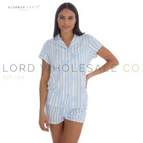 Ladies Blue Ribbon Candy Stripe Short Pyjama Set by Slumber Party 10 Pieces