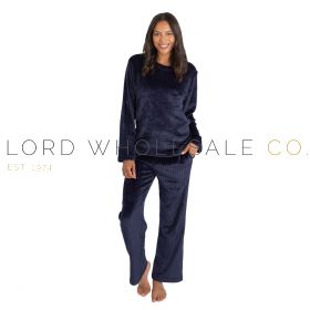 34B2347/NVY Ladies navy clipped stripe lounge set pyjamas by Forever Dreaming, front view on female model
