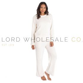 34B2348/CRM Ladies cream soft feel clipped stripe lounge set pyjamas by Forever Dreaming, full-length model view