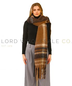 Ladies Brown & White Brushed Check Blanket Scarf With Tassels by Heat Machine 6 Pieces
