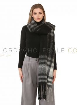 Ladies Black & White Brushed Check Blanket Scarf With Tassels by Heat Machine 6 Pieces