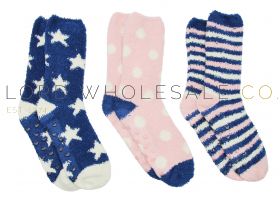 Ladies 3pk Spot, Star & Stripe Supersoft Cosy Socks With Grips by Snuggle Toes 4 x 3 Pair Pack