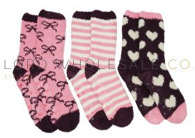 Ladies 3pk Bow, Heart & Stripe Supersoft Cosy Socks With Grips by Snuggle Toes 4 x 3 Pair Pack