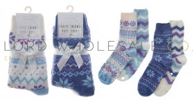 Ladies 2pk Cosy Zig Zag With Grips & Fairisle Thermal Cosy Socks by Forever Dreaming 6 x 2 Pair Pack