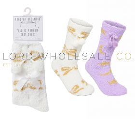 Ladies 1pk Bow Pom Pom Cosy Socks With Grips by Forever Dreaming 6 Pieces