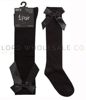 Girls Black Cotton Rich Knee High Socks With Bow 6 Pairs