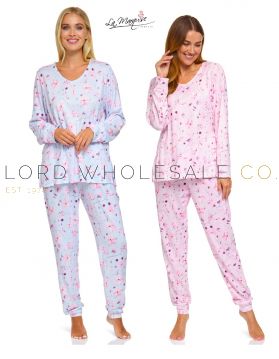 Ladies Floral Reflections V Neck Jersey Stretch Long Sleeve Pyjamas By La Marquise 8 Pieces