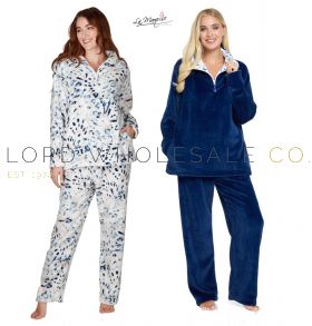 Ladies Supersoft Fleece Blue Leopard Funnel Neck Zip Pyjamas by La Marquise 6 Pieces