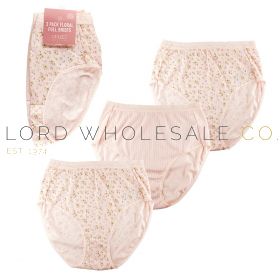 01-BR326-Wholesale Ladies 3pk Polycotton Pink Floral Lace Top Full Briefs by Anucci 6 x 3 Pair Pack