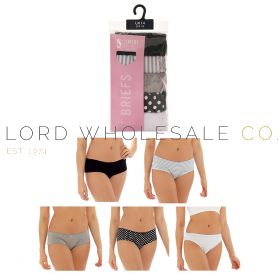 Assorted ladies briefs in comfortable cotton and stretch fabrics, available in wholesale packs.