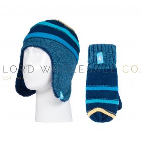 Kids Thermal Navy Stripe Cosy Ears Hat & Mittens Set by Heat Holders 1 Piece