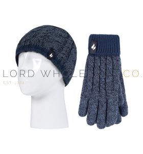 Kids Thermal Navy Denim Cable Turn Over Hat & Glove Set by Heat Holders 1 Piece