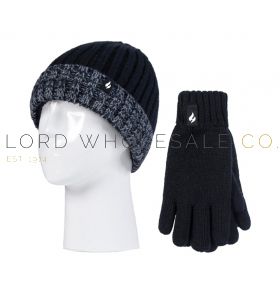 Kids Thermal Black Rib Turn Over Hat & Glove Set by Heat Holders 1 Piece 7-10