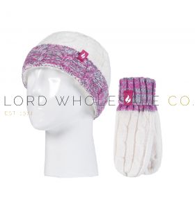 Kids Thermal Cream & Purple Turn Over Hat & Mitten Set by Heat Holders 1 Piece