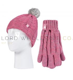 Kids Thermal Coral Cable Pom Pom Turn Over Hat & Glove Set by Heat Holders 1 Piece