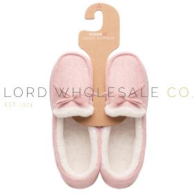 04-FT2526-Wholesale Ladies Pink Herrinbone Moccasin Plush Lining Slippers by Slumberzzz 6 Pairs