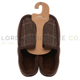 04-FT2529-Wholesale Men's Brown Checked Moccasin Slippers by Slumberzzz 6 Pairs