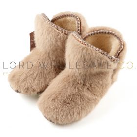 Ladies Beige Soft Cosy Faux Fur Bootie Slippers by Slumberzzz 6 Pairs