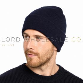 Men’s Plain Navy Knitted Beanie Hat with Turn-Up Cuff by Tom Franks 12 Pieces