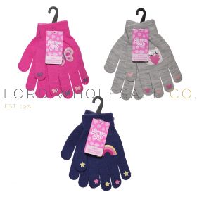 Girls printed winter gloves in colourful patterns, available in wholesale packs.