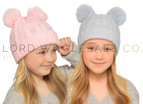 Girls Grey & Pink Cable Hats With 2 Pom Poms by Bertie & Bo 12 Pieces
