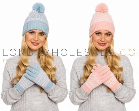 Wholesale ladies Fairisle knitted hat and gloves sets in blue and pink