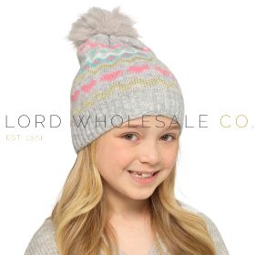 Girls Heart Pattern Winter Hats With Pom Pom by Bertie & Bo 12 Pieces