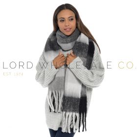 Ladies Monochrome Check Scarf With Tassels by Foxbury 6 Pieces