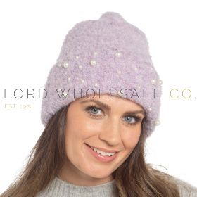 04-GL1269-Wholesale Ladies Lilac Fluffy Beanie Hat With Pearl Embellishments by Foxbury 12 Pieces