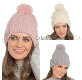 Ladies Cable Hat With Fleece Lining & Pom Pom by Foxbury 12 Pieces