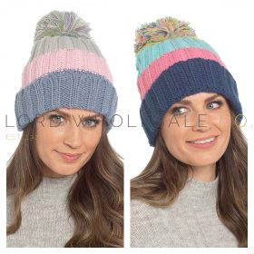 Ladies Knitted Stripe Beanie Hat With Sherpa Lining & Bobble by Foxbury 12 Pieces GL1280