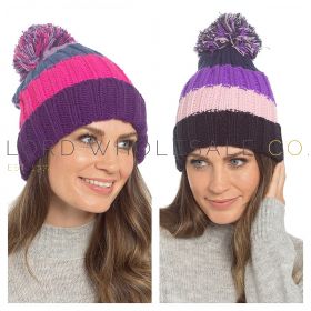 04-GL1281-Wholesale Ladies Knitted Stripe Beanie Hat With Sherpa Lining & Bobble by Foxbury 12 Pieces GL1281