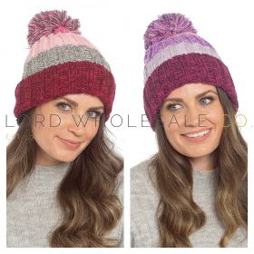 04-GL1282-Wholesale Ladies Knitted Twist Yarn Stripe Beanie Hat With Sherpa Lining & Bobble by Foxbury 12 Pieces GL1282