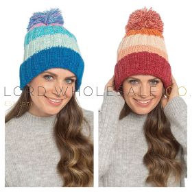 Ladies Waterproof Knitted Stripe Beanie Hat With Sherpa Lining & Bobble by Foxbury 12 Pieces