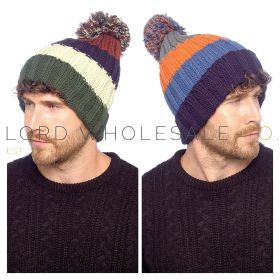 Men's Knitted Stripe Beanie Hat With Sherpa Lining & Bobble by Tom Franks 12 Pieces GL1289