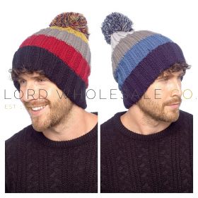 04-GL1290-Wholesale Men's Knitted Stripe Beanie Hat With Sherpa Lining & Bobble by Tom Franks 12 Pieces GL1290