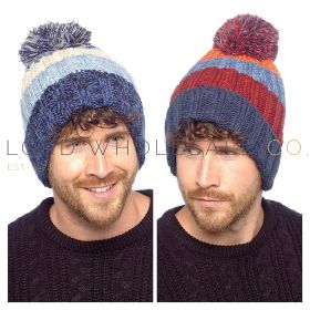 04-GL1291-Wholesale Men's Blue/Red Knitted Stripe Beanie Hat With Sherpa Lining & Bobble by Tom Franks 12 Pieces