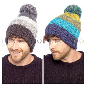 Men's Waterproof Knitted Stripe Beanie Hat With Sherpa Lining & Bobble by Tom Franks 12 Pieces