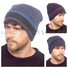 Men's Assorted Fleece Lined Knitted Hat With Striped Turn Up by Tom Franks 12 Pieces