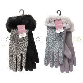 Ladies Suede Animal Print Gloves With Fluffy Fur Cuff by Foxbury 12 Pieces