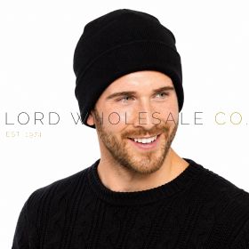 Men’s Plain Black Knitted Beanie Hat with Turn-Up Cuff by Tom Franks 12 Pieces