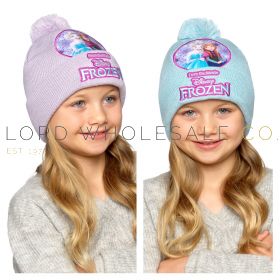 GLCH1431 Girls wearing Disney Frozen Elsa and Anna knitted winter hats in lilac and blue