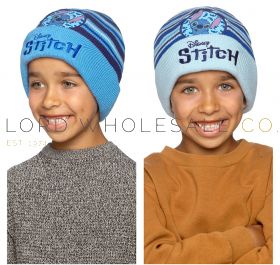 GLCH1433 Boys Disney Stitch blue striped knitted winter beanie hat with character design