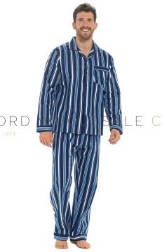 HT021 Mens Tom Franks Traditional Navy Stripe Flannel Pyjamas - Front Model