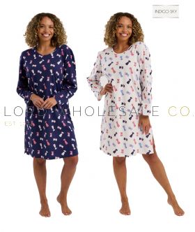Ladies Long Sleeve Playful Pooch Knitted Cotton Jersey Nightdress by Indigo Sky