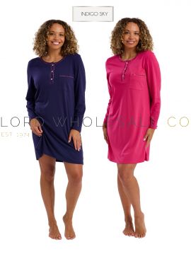 Ladies Long Sleeve Animal Trim Plain Knitted Cotton Jersey Nightdress by Indigo Sky