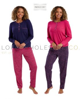 05-IN45811-Wholesale Ladies Long Sleeve Neon Leopard 100% Knitted Cotton Jersey Pyjama Set by Indigo Sky